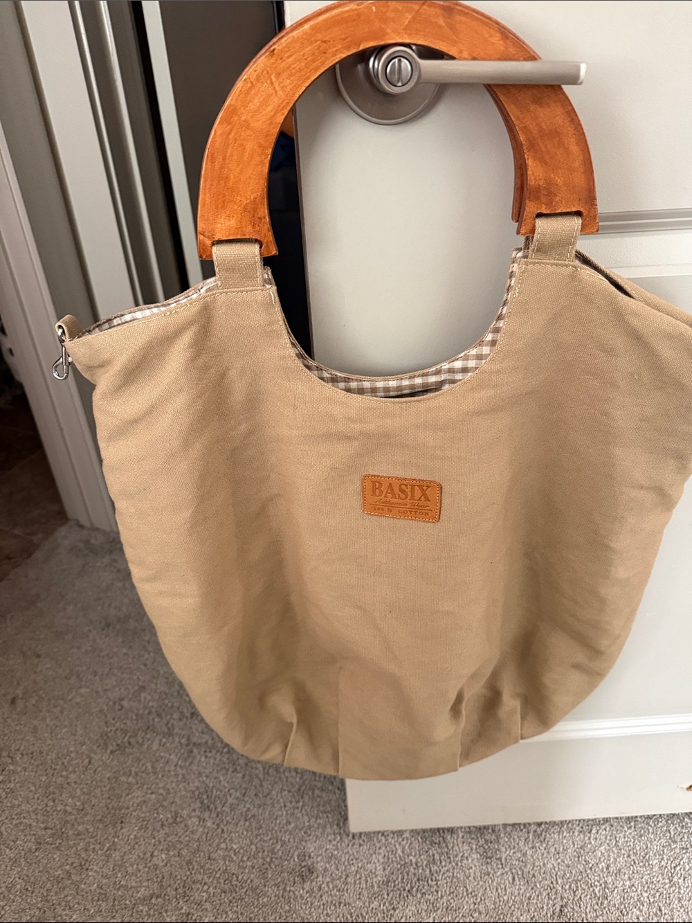 Basix Beige Canvas Tote with Wooden Handles
